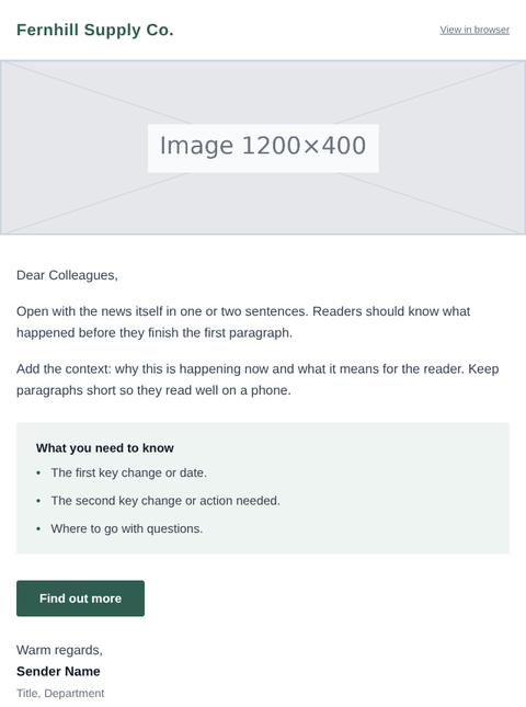 Sample announcement email with banner, letter-style text and key points