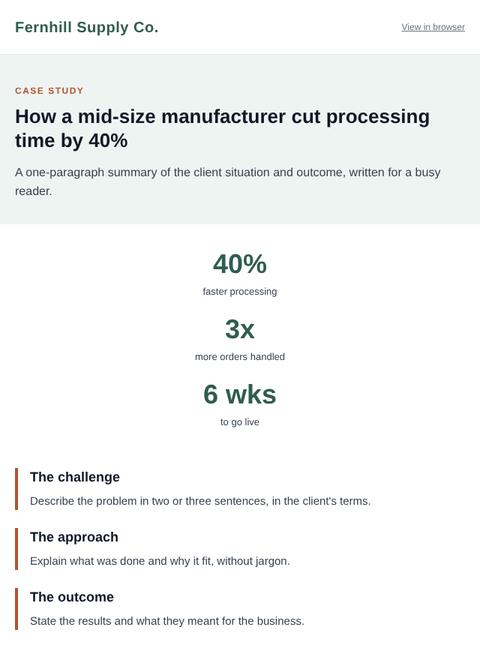 Sample case study email with three results figures and a download button