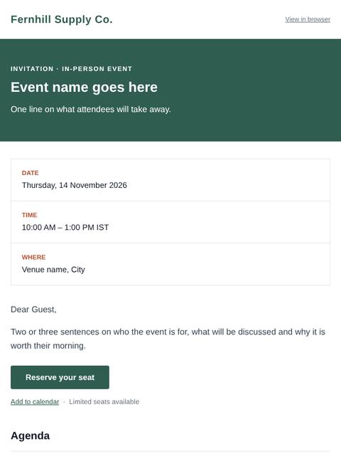 Sample event invitation with date, time and venue, agenda and speakers