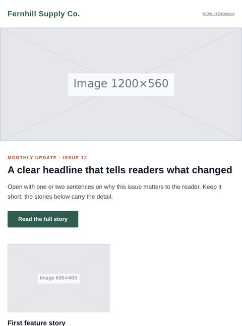 Sample newsletter layout with hero image, two feature stories, a statistic band and article list